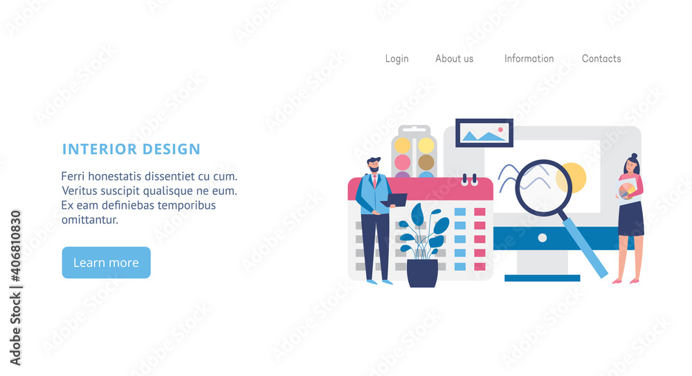 Website page for interior design with cartoon people flat vector illustration.