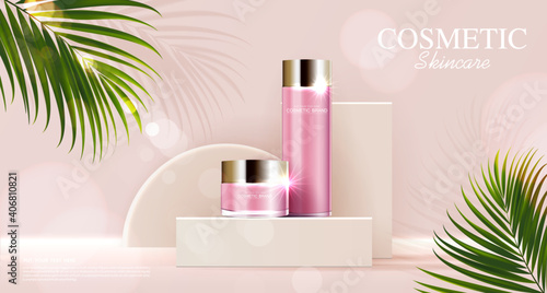 Cosmetics or skin care product ads with bottle, pink background with tropical leaves. vector illustration design