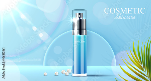 Cosmetics or skin care product ads with bottle and pearl, blue background with tropical leaves. vector illustration design