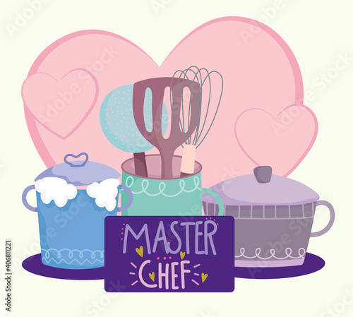 cooking, cutlery saucepan pot in cartoon style lettering