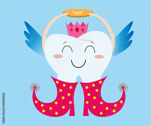 Tooth fairy wearing red boots with stars, crown and holding sparkle coin. Tooth fairy flies and carries a coin. The tooth fairy collects children's teeth
