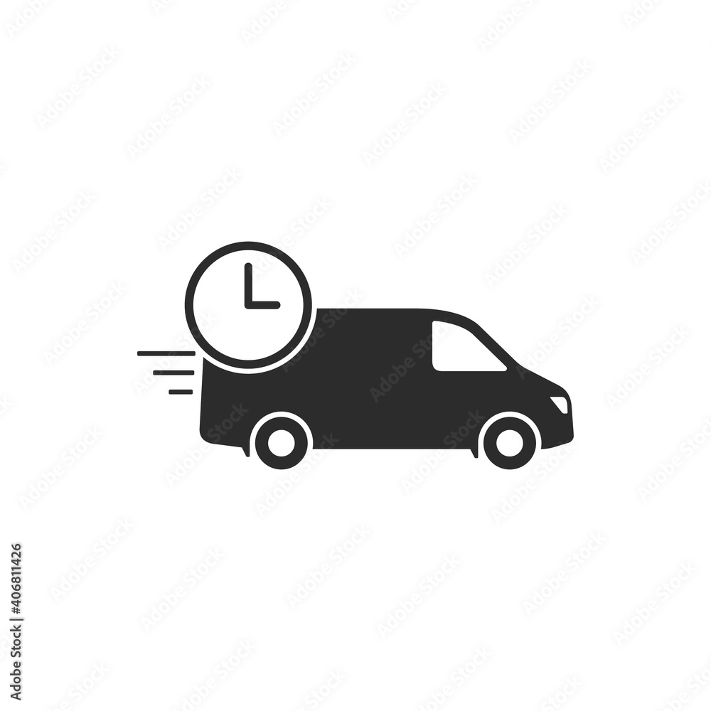 Fast delivery van with clock, shipping icon Isolated on white background, Vector flat simple illustration