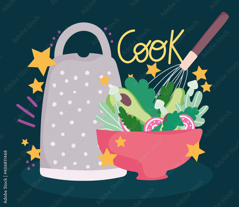cooking salad in bowl and grater utensil in cartoon style lettering