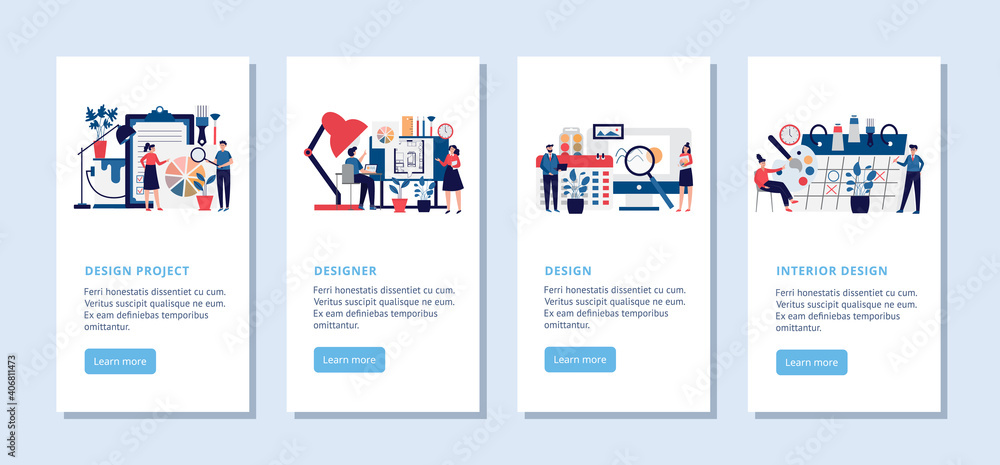 Onboarding pages for web and interior design flat vector illustrations set.