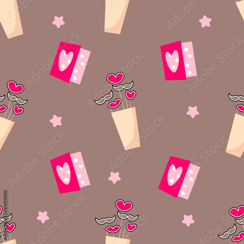 seamless pattern with postcards, stars, and paraphernalia for photo shoots. Vector brown background. Digital paper for scrapbooking, packaging, fabric, textiles.