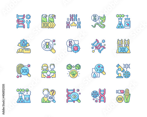 Genetic engineering RGB color icons set. Chromosome division. Animal mutation. Medical, industrial biotechnology. Evolutionary genetics. Model organism. Cloning. Isolated vector illustrations
