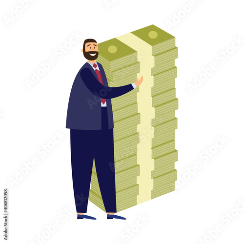 Rich businessman with huge stack banknotes a flat vector isolated illustration