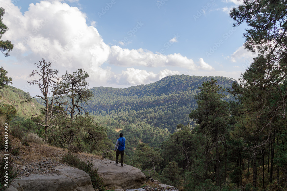 Male hiker standing on rocks on the Iztaccihuatl mountain covered in greenery in Mexi
