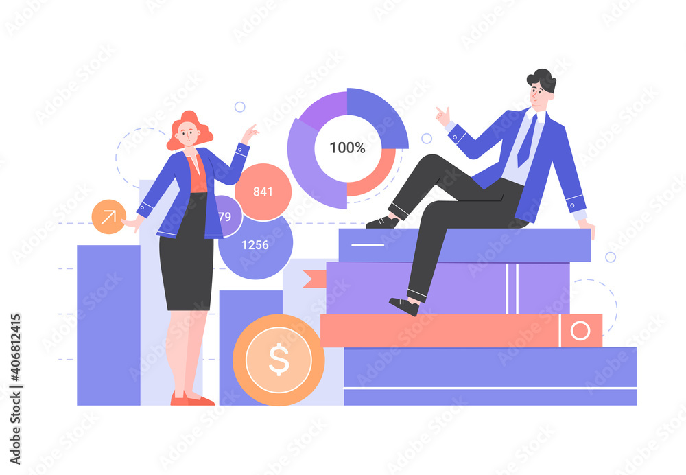 People in business suits, charts, graphs and books. Financial education. Money management, income, cost reduction. Vector flat illustration. People in business suits, charts, graphs and books. Financial education. Money management, income, cost reduction. Vector flat illustration.