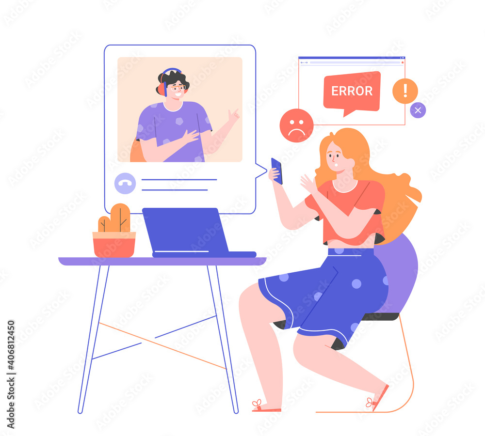 The girl with a laptop calls the technical support of the Internet provider. Error on the web page. A friendly customer service worker helps to solve the problem. Vector flat illustration.