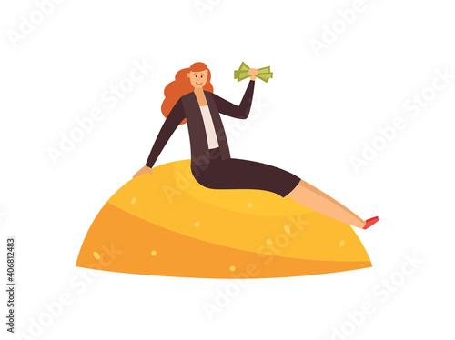 Rich successful business woman on gold coins, flat vector illustration isolated.