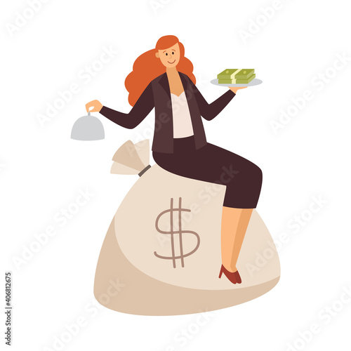 Rich business woman sitting on sack with money flat vector illustration isolated.
