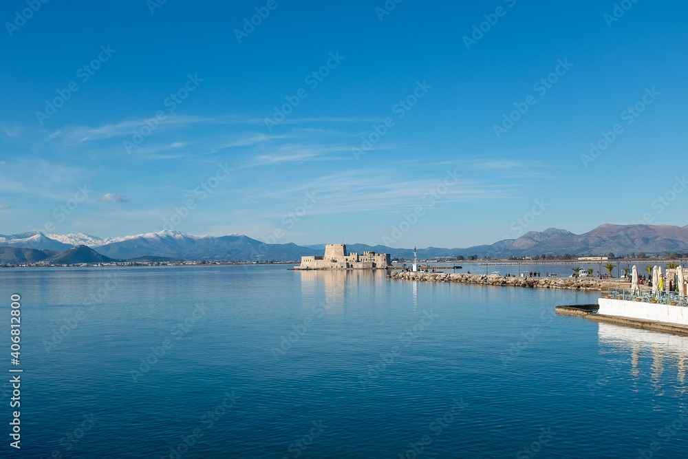 Nafplion, Peloponesse, Greece - January 06, 2019: View of Bourtzi on a sunny day
