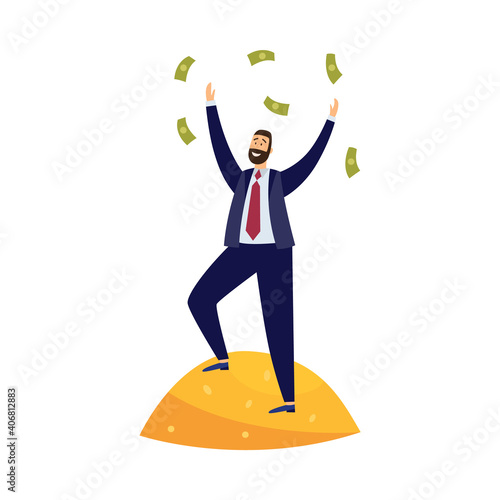 Rich businessman stand on pile gold, throwing banknotes a vector illustration