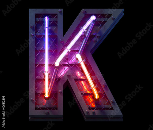 Heavy metal ultra neon font. Letter K.