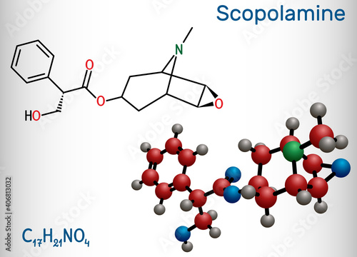 Hyoscine, scopolamine. L-Scopolamine molecule. It is natural plant alkaloid, psychoactive, anticholinergic, antimuscarinic drug. Structural chemical formula and molecule model