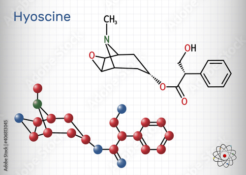Hyoscine, scopolamine. molecule. It is natural plant alkaloid, psychoactive, anticholinergic, antimuscarinic drug. Structural chemical formula and molecule model. Sheet of paper in a cage