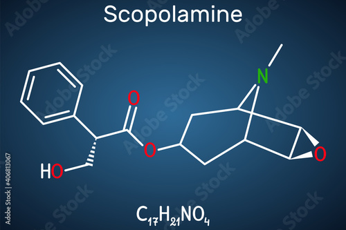 Hyoscine, scopolamine. L-Scopolamine molecule. It is natural plant alkaloid, psychoactive, anticholinergic, antimuscarinic drug. Structural chemical formula on the dark blue background