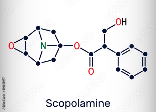 Hyoscine, scopolamine. L-Scopolamine molecule. It is natural plant alkaloid, psychoactive, anticholinergic, antimuscarinic drug. Skeletal chemical formula