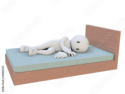 3D RENDER ILLUSTRATION. CLIPPING PATH on isolated Copy space white background. Cartoon clipart character human lazy man boy sitting sleep on bed. Sick unhappy Sad Tried Thinking Bedtime Life Concept.