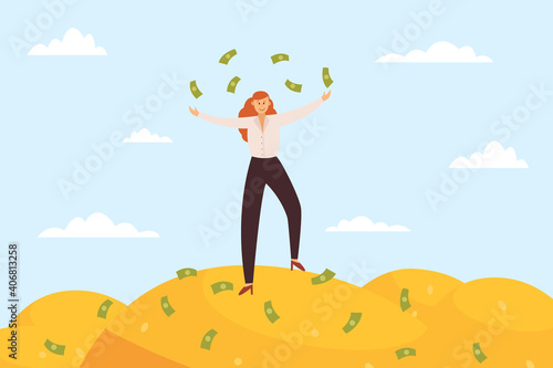 Rich business woman stands on huge pile of banknotes flat vector illustration.