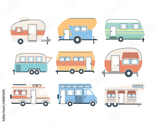 Camper trailers and vans icon set vector design