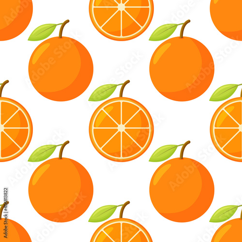Orange fruit pattern. Sweet beautiful citrus seamless background with yellow juicy oranges