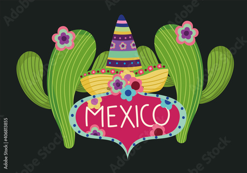 mexico culture traditional hat fowers cactus label template