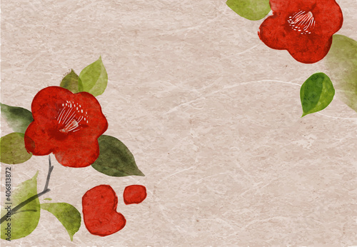 Leinwand Poster Red camelia flowers on vintage rice paper background