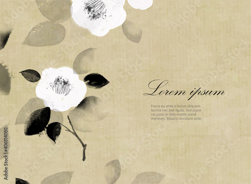 Leinwand Poster White japanese camelia flowers on neutral beige background with place for your text