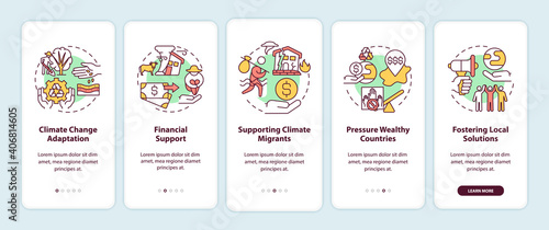 International justice onboarding mobile app page screen with concepts. Environmental problems walkthrough 5 steps graphic instructions. UI vector template with RGB color illustrations