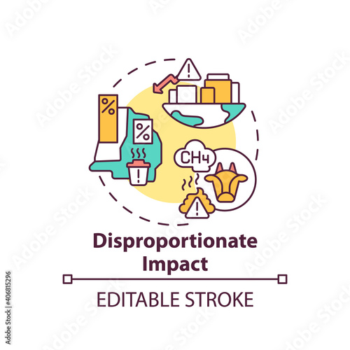 Disproportionate impact concept icon. Equaly idea thin line illustration. Vector isolated outline RGB color drawing. Unequal amount of harmful emissions into the atmosphere. Editable stroke