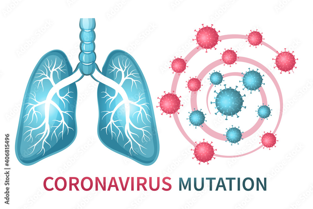 Coronavirus mutation sign. Evolution Сovid-19. Biology research mutated virus cell infect human respiratory system. Prevention and treatment of pneumonia lung. Global pandemic and lockdown. Vector
