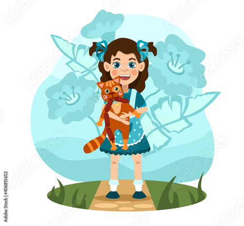 Vector illustration showing a child's love for a cat. An editable stock photo of a girl hugging a cat. Her feline friend looks happy and adorable in the arms of her mistress