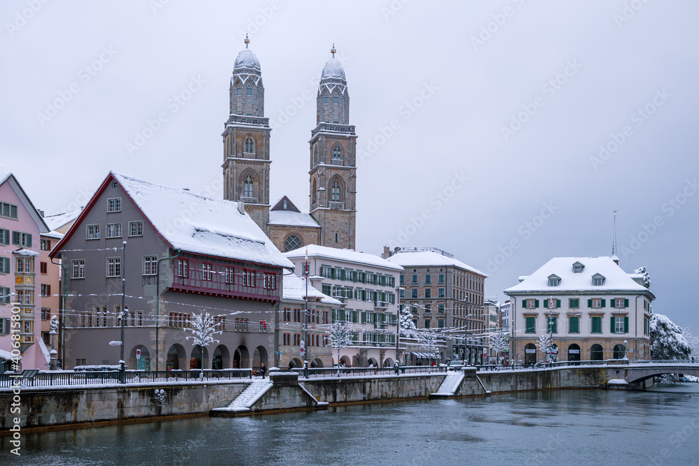 Cityscape of Zurich (Switzerland), River Limmat, Great Minster