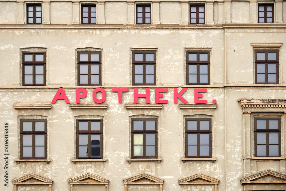 Inscription Pharmacy on facade of old house in historic downtown, Gorlitz (Görlitz),  Germany