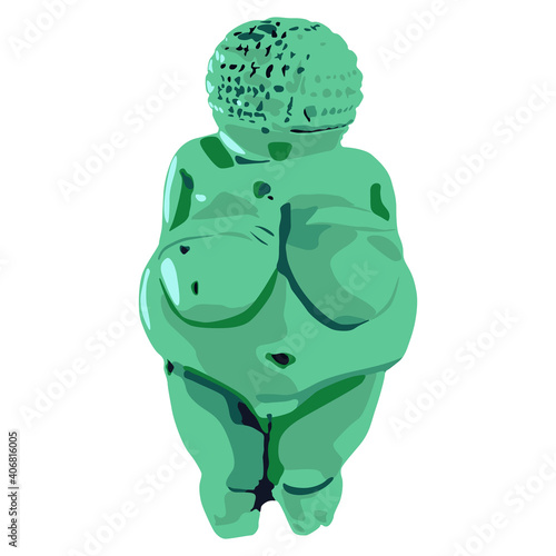 Venus of Willendorf. Female archetype of Great Mother. Prehistoric goddess sculpture of Paleolithic Europe. Monochrome green silhouette.