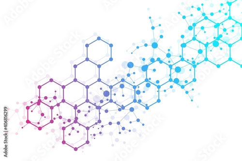 Science network pattern, connecting lines and dots. Technology hexagons structure or molecular connect elements.