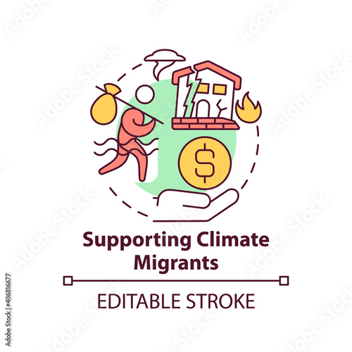 Supporting climate migrants concept icon. Environmetnal change idea thin line illustration. World tranformation caused by human. Vector isolated outline RGB color drawing. Editable stroke