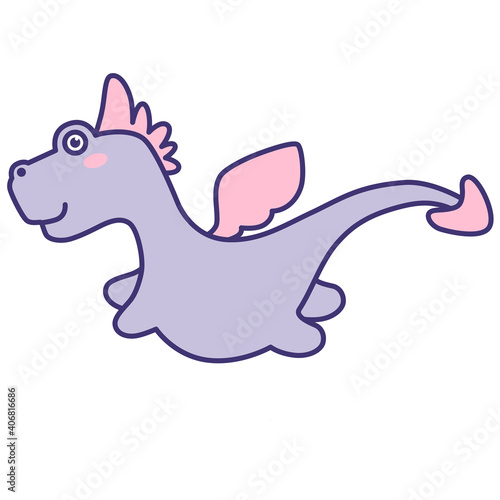 Cute dragon flying isolated on white background. Flat design for poster or t-shirt. Vector illustration