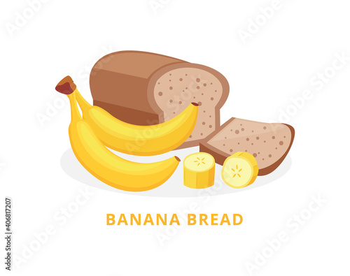 Bakery product banana bread with bananas flat vector illustration isolated.
