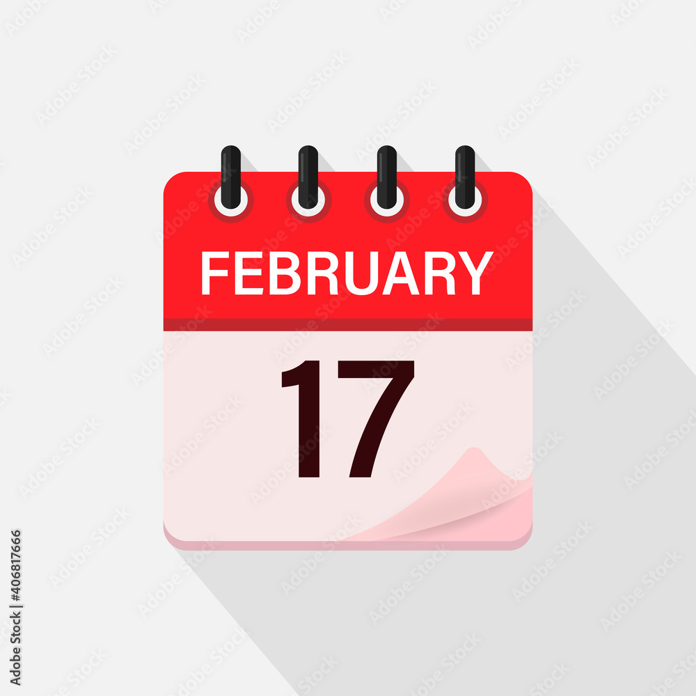 February 17, Calendar icon with shadow. Day, month. Flat vector illustration. February 17, Calendar icon with shadow. Day, month. Flat vector illustration.