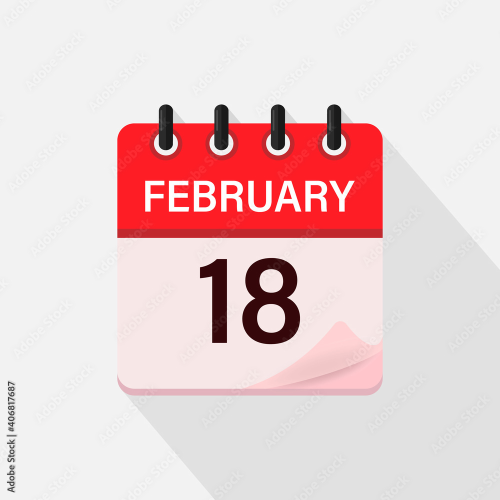 February 18, Calendar icon with shadow. Day, month. Flat vector illustration. February 18, Calendar icon with shadow. Day, month. Flat vector illustration.