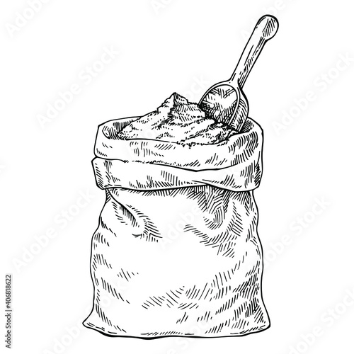 Sketch Bag with flour, salt, sugar and wooden scoop. Hand drawn illustration.  