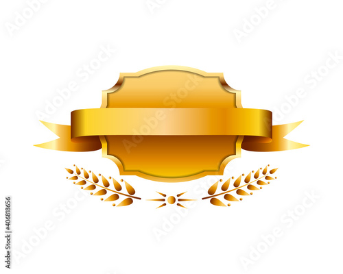 Gold ribbon banner with empty label and laurel branches. Vector illustration design element.