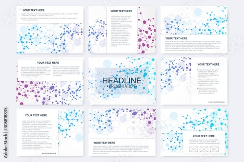 Big set of vector templates for presentation slides. Modern graphic background structure molecule and communication. Scientific pattern atom DNA. Medical, science, chemistry design.