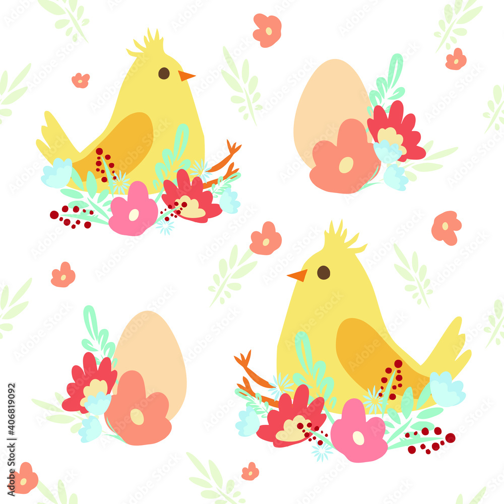 Easter holiday pattern . Vector pattern with chicken. Vector flowers plants. Chicken in the nest. Easter Egg