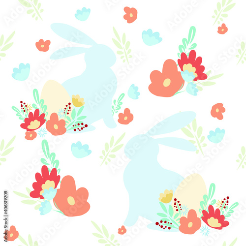 Easter holiday pattern . Illustration with an Easter bunny. Vector flowers plants. Chicken in the nest. Easter Egg