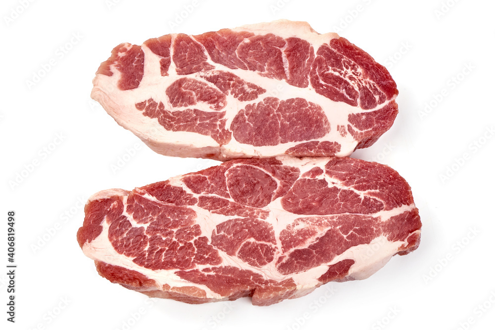 Raw pork steaks, isolated on white background Raw pork steaks, isolated on white background