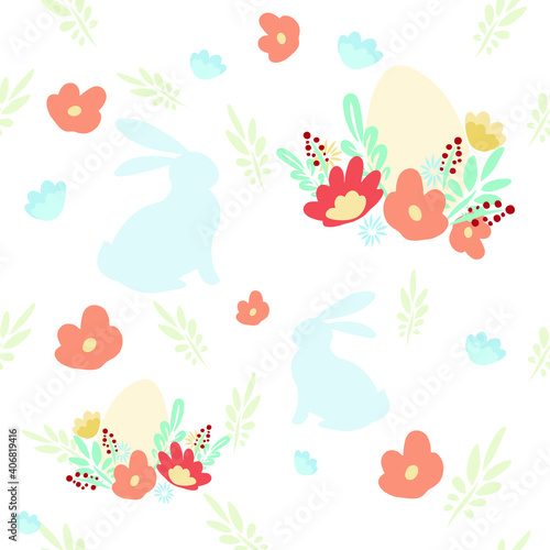 Easter holiday pattern . Illustration with an Easter bunny. Vector flowers plants. Chicken in the nest. Easter Egg